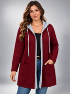 Women's Two-Tone Hooded Drawstring Longline Cardigan with Pockets