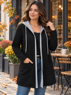 Women's Two-Tone Hooded Drawstring Longline Cardigan with Pockets