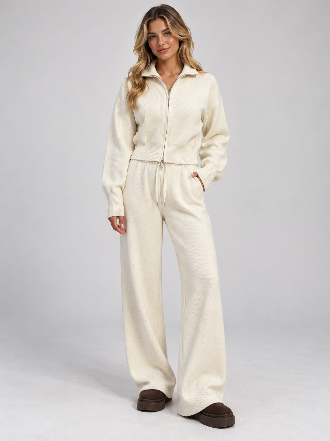 Women's Zip-Front Cardigan and Drawstring Straight Trousers Set