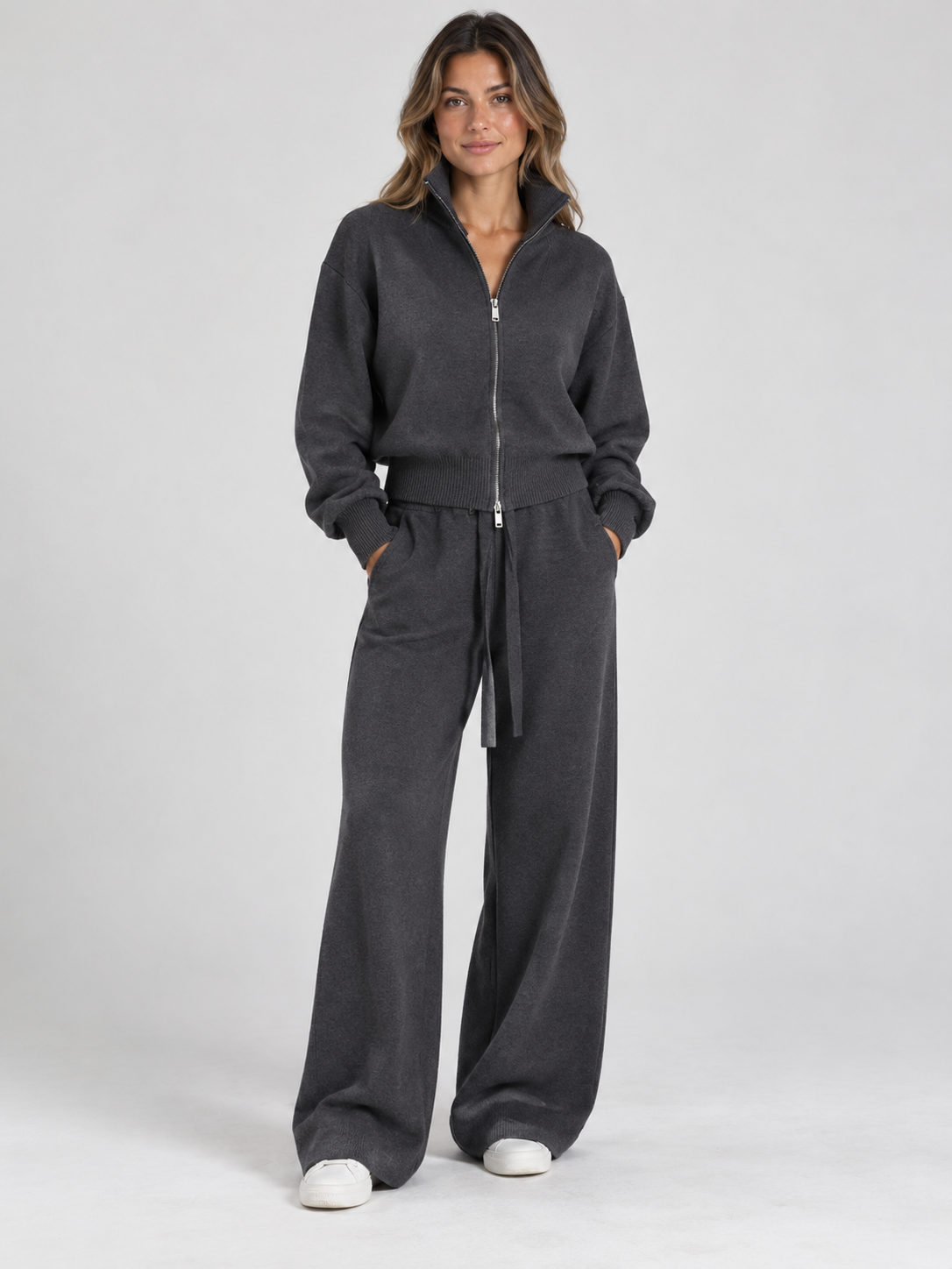 Women's Zip-Front Cardigan and Drawstring Straight Trousers Set