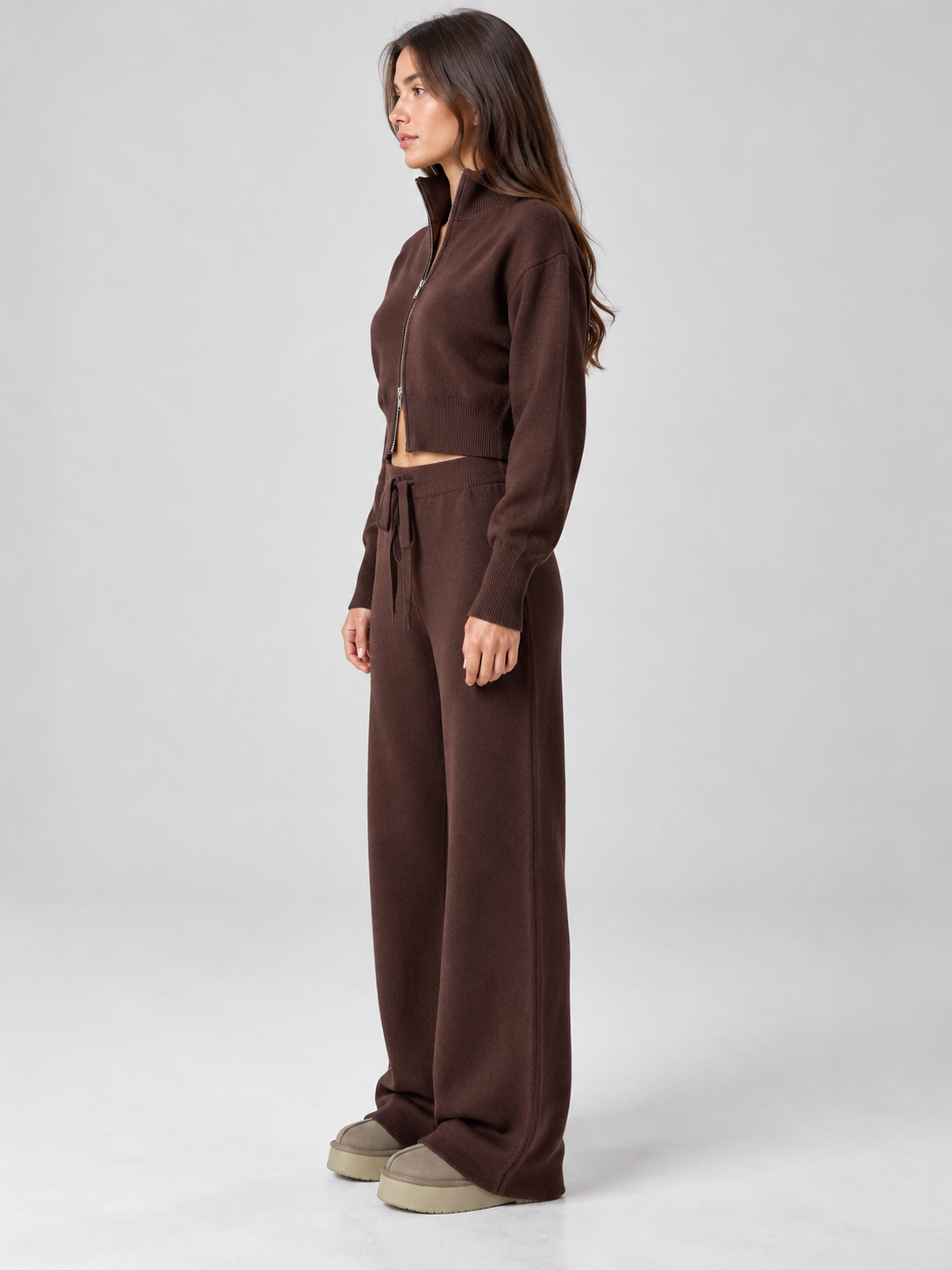 Women's Zip-Front Cardigan and Drawstring Straight Trousers Set