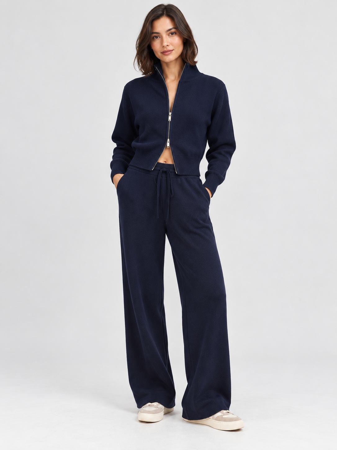 Women's Zip-Front Cardigan and Drawstring Straight Trousers Set