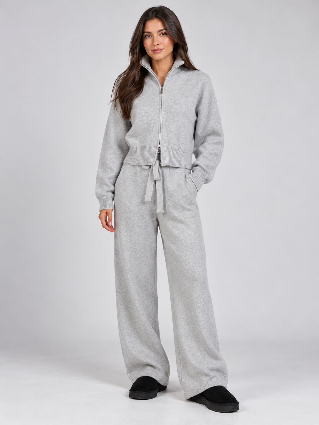Women's Zip-Front Cardigan and Drawstring Straight Trousers Set