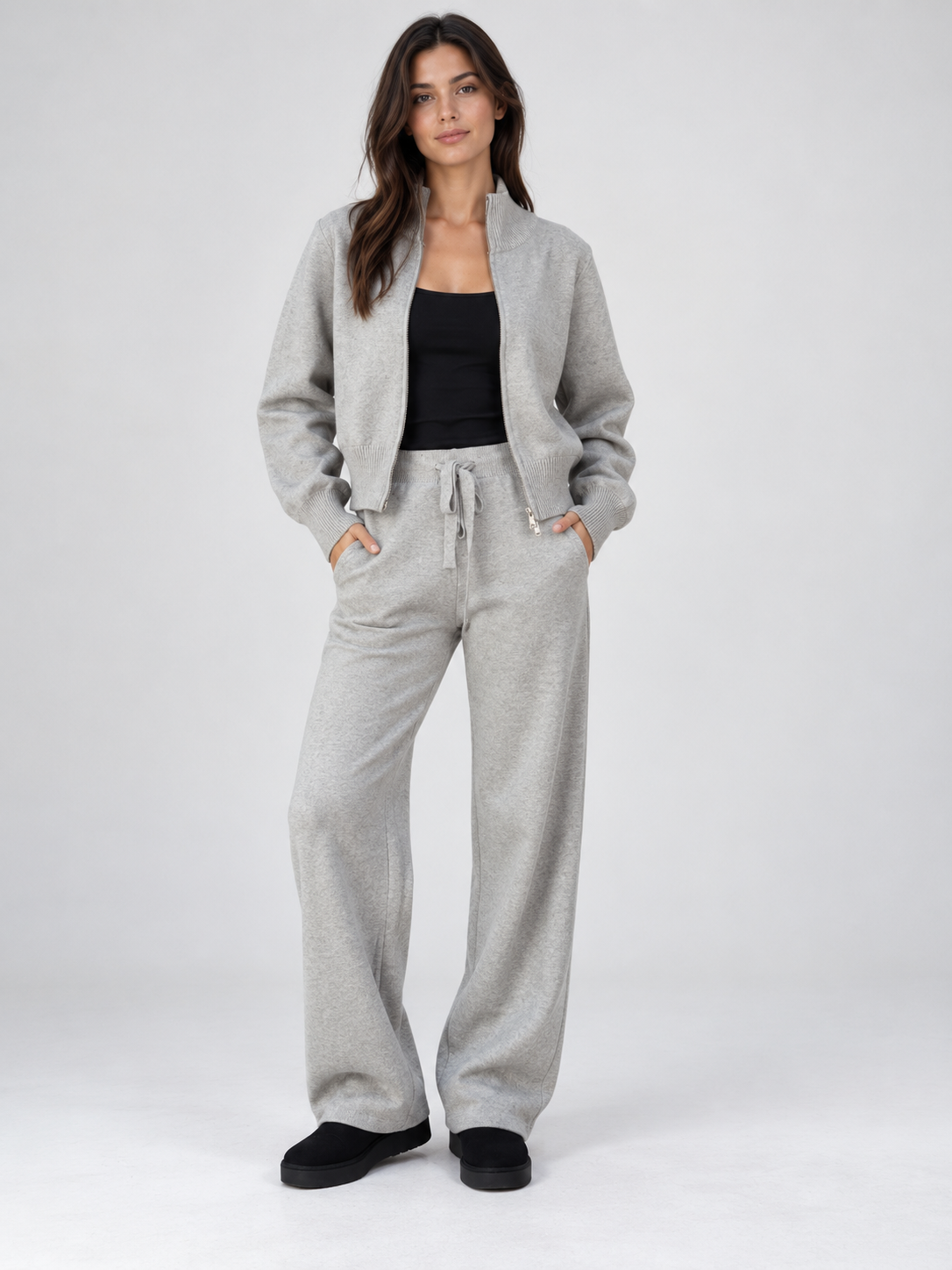 Women's Zip-Front Cardigan and Drawstring Straight Trousers Set