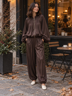 Women's Bubble Sleeve Jacket and High-Waist Wide-Leg Trousers Set