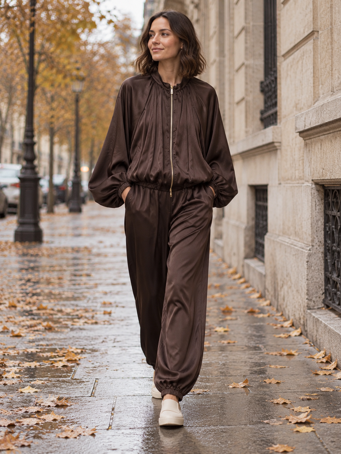 Women's Bubble Sleeve Jacket and High-Waist Wide-Leg Trousers Set