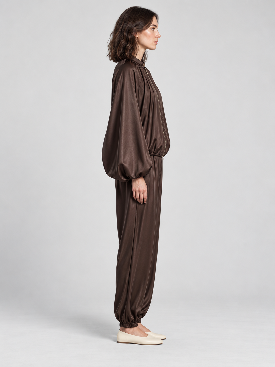 Women's Bubble Sleeve Jacket and High-Waist Wide-Leg Trousers Set