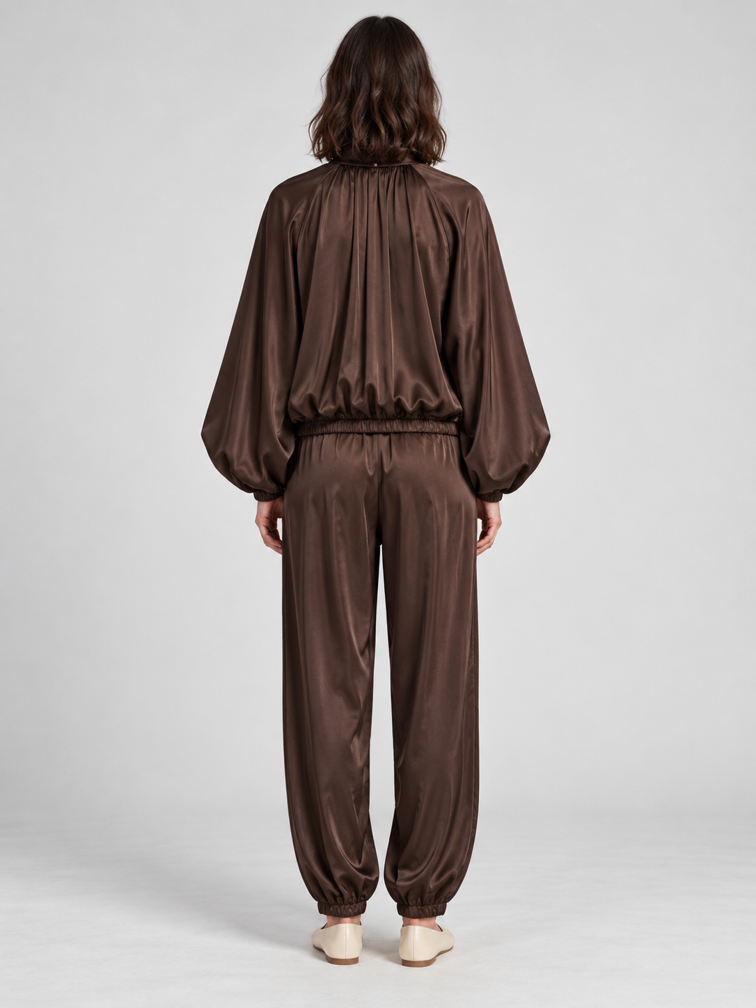 Women's Bubble Sleeve Jacket and High-Waist Wide-Leg Trousers Set