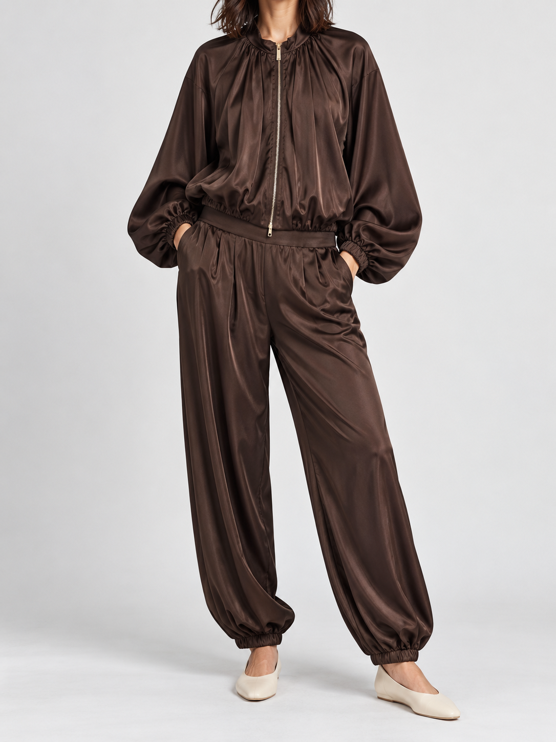 Women's Bubble Sleeve Jacket and High-Waist Wide-Leg Trousers Set