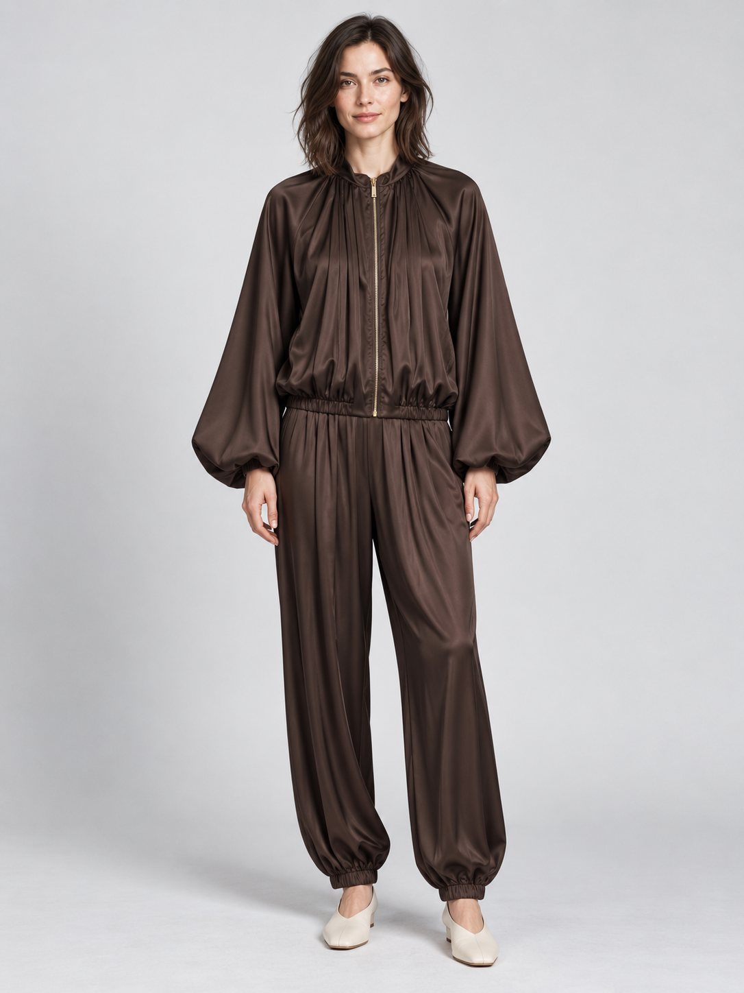 Women's Bubble Sleeve Jacket and High-Waist Wide-Leg Trousers Set