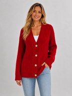 Women’s Cable Knit Cardigan with V-Neck and Button Closure
