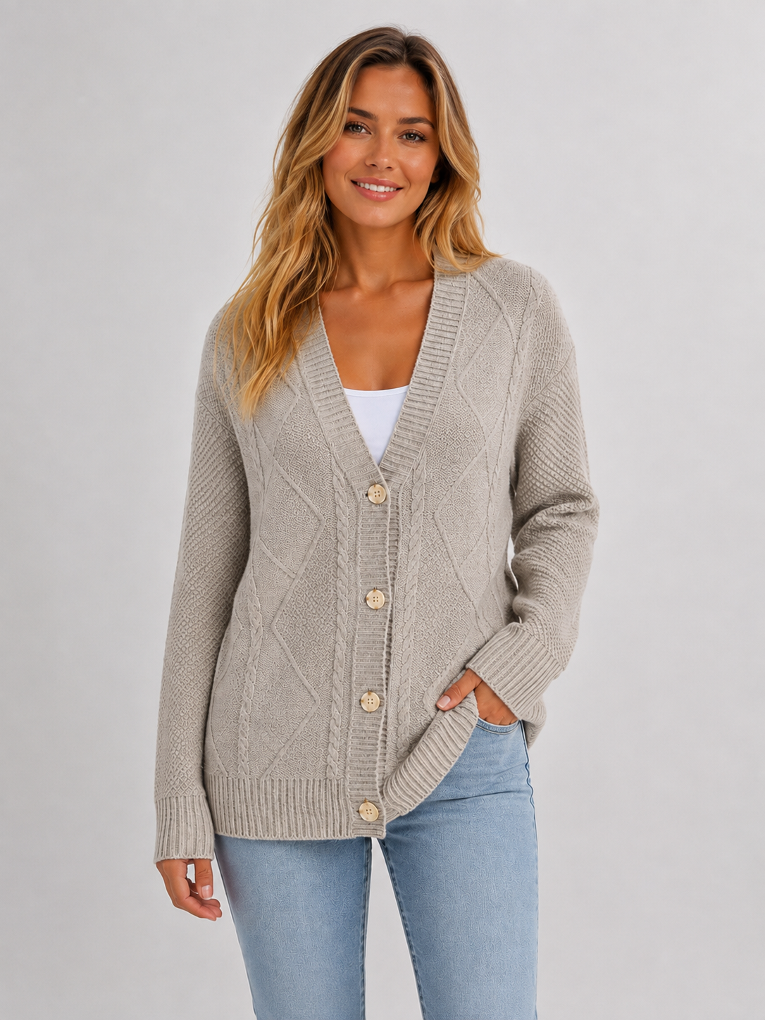 Women’s Cable Knit Cardigan with V-Neck and Button Closure