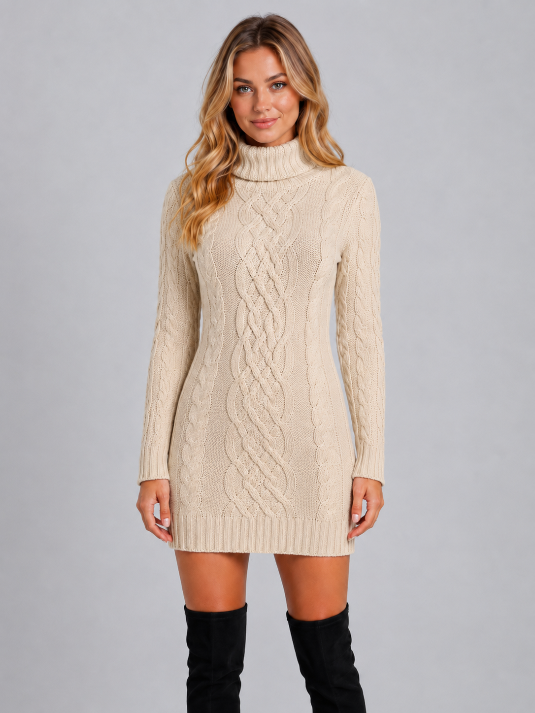 Women’s Cable Knit Jumper Dress with Roll Neck