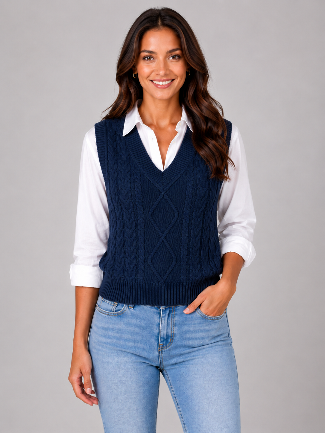 Women’s Cable Knit Jumper Vest with V-Neck