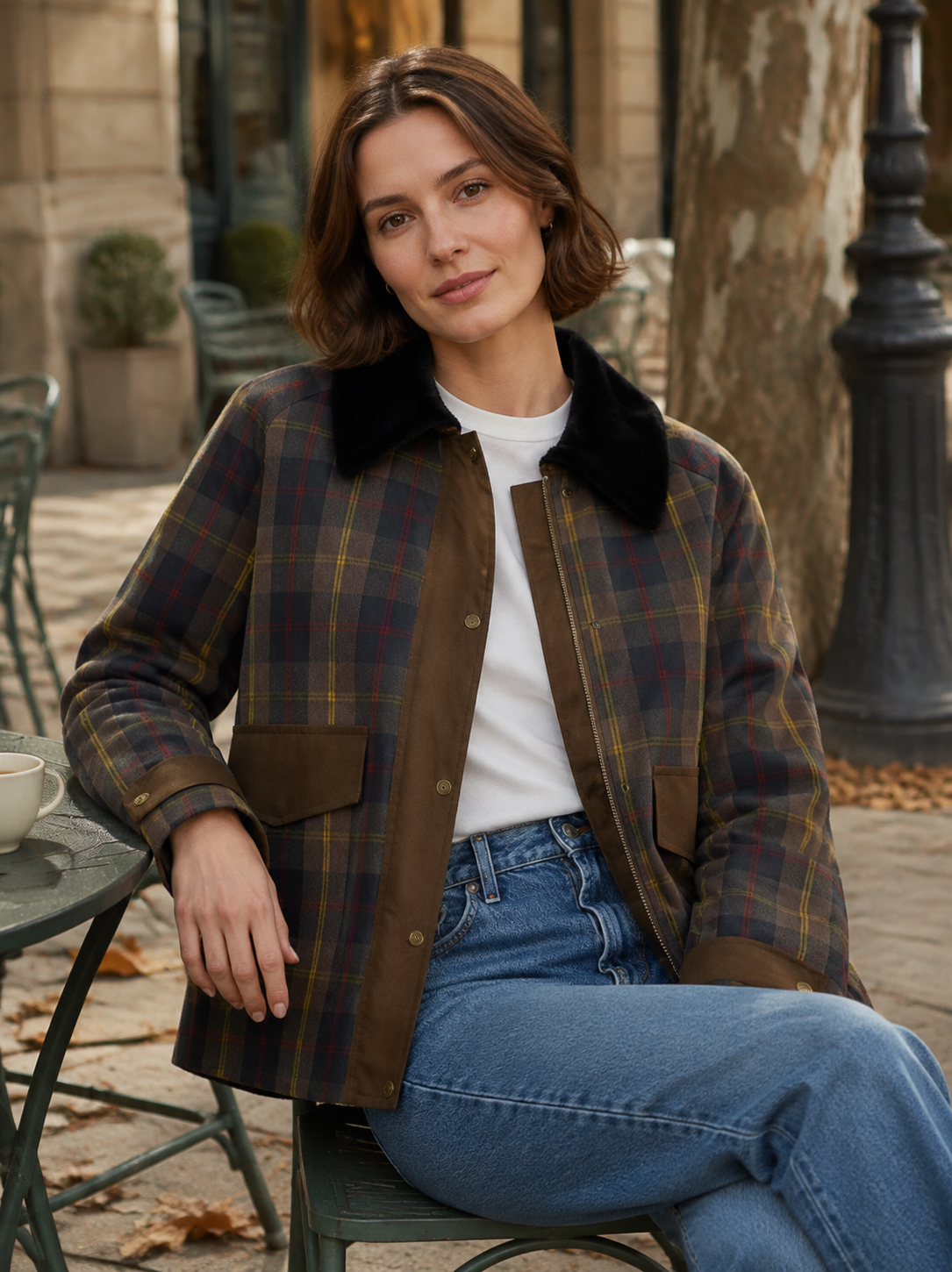 Women's Checked Jacket with Contrasting Collar