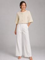 Women’s Cropped Knit Cardigan with Round Neck and Button Front