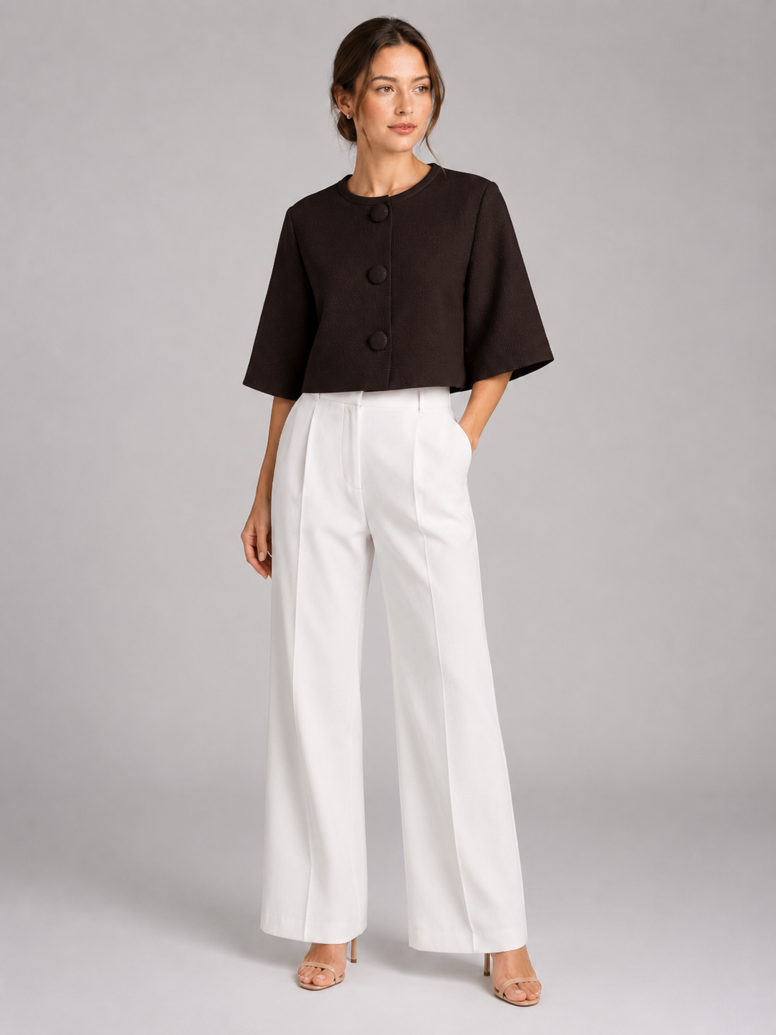 Women’s Cropped Knit Cardigan with Round Neck and Button Front