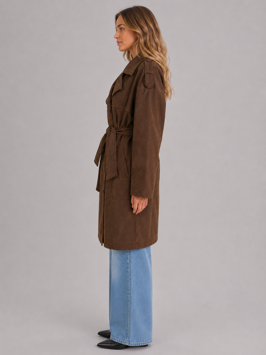 Women’s Double-Breasted Long Trench Coat with Waist Belt