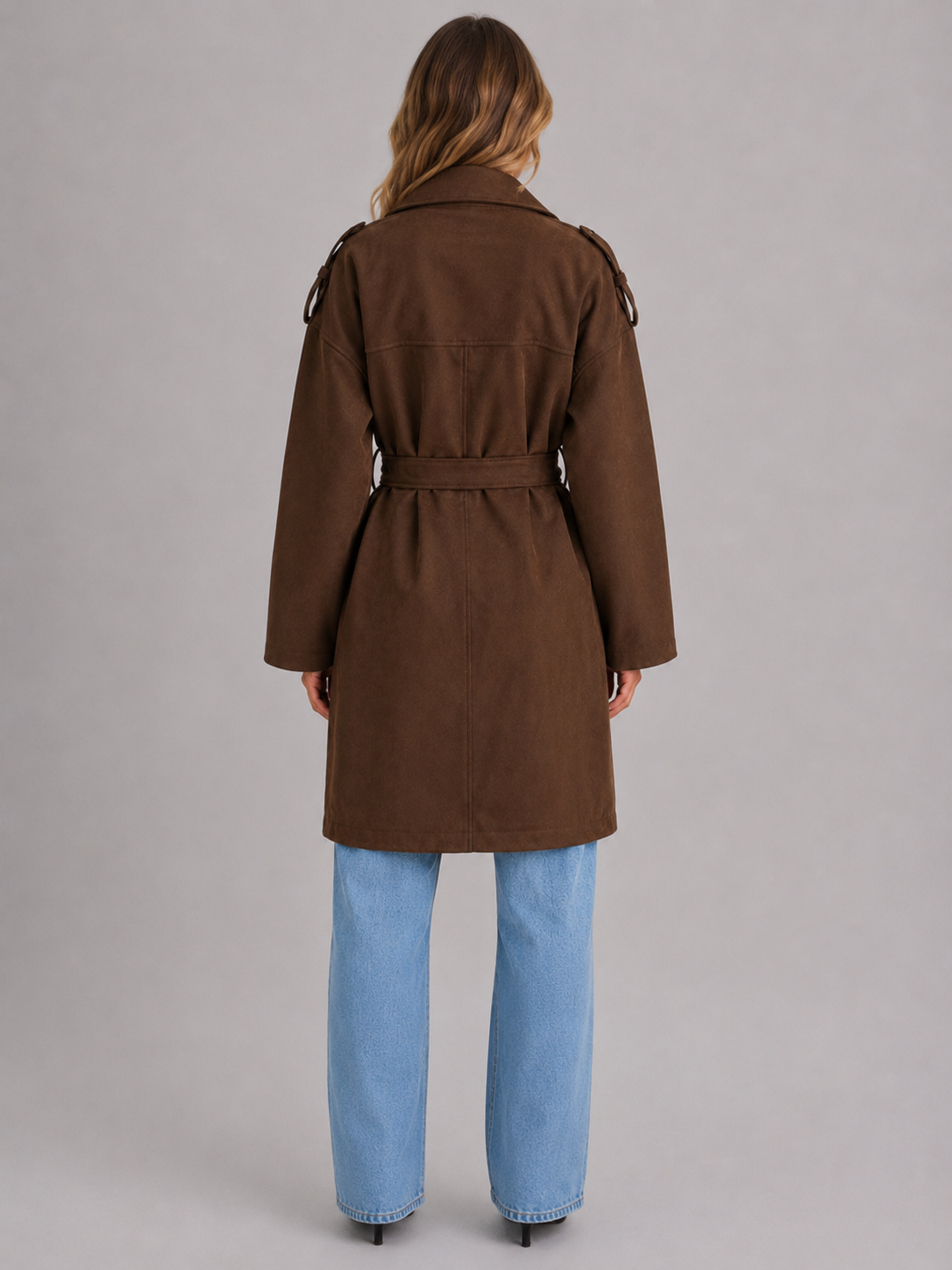 Women’s Double-Breasted Long Trench Coat with Waist Belt