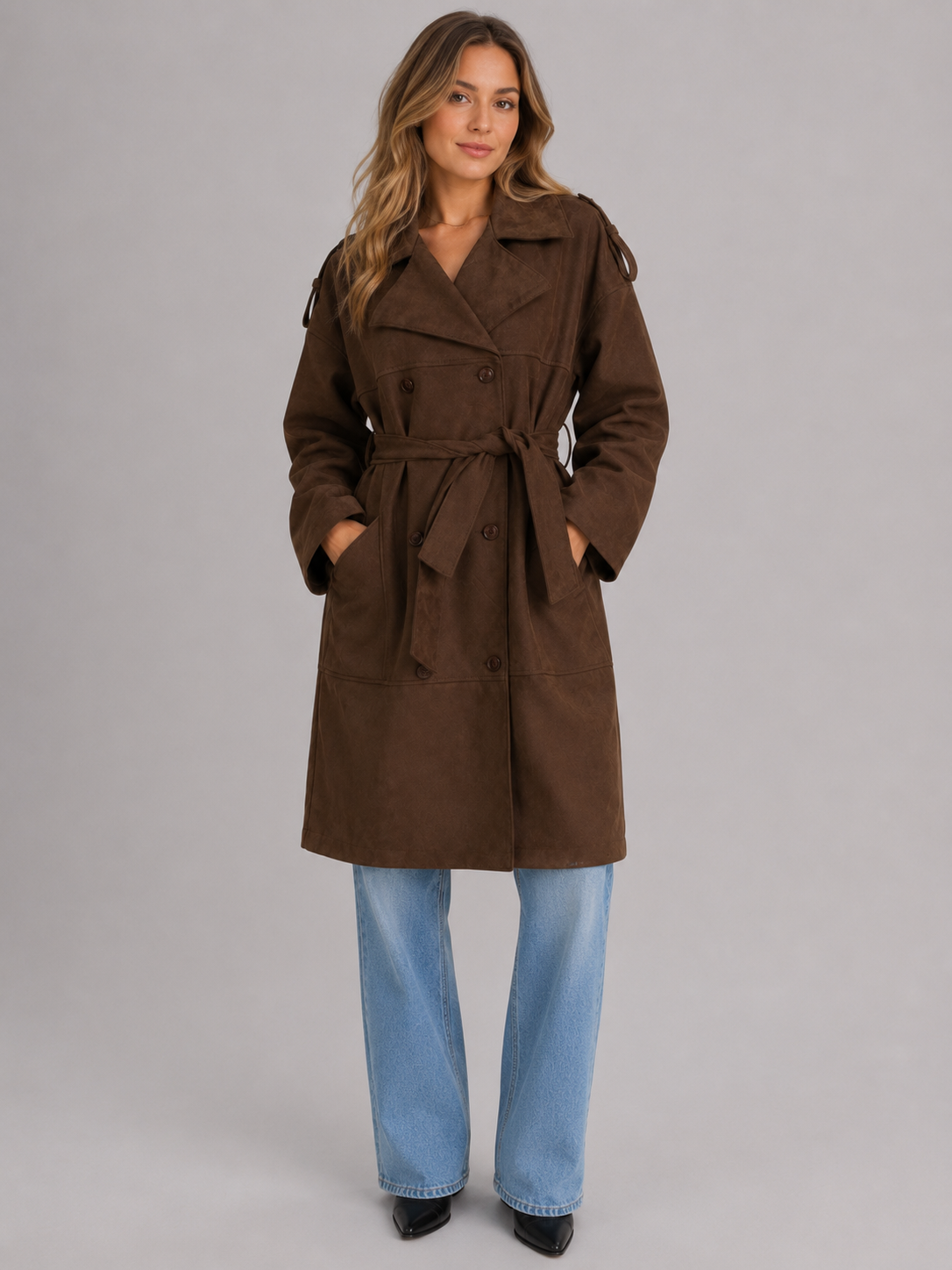 Women’s Double-Breasted Long Trench Coat with Waist Belt