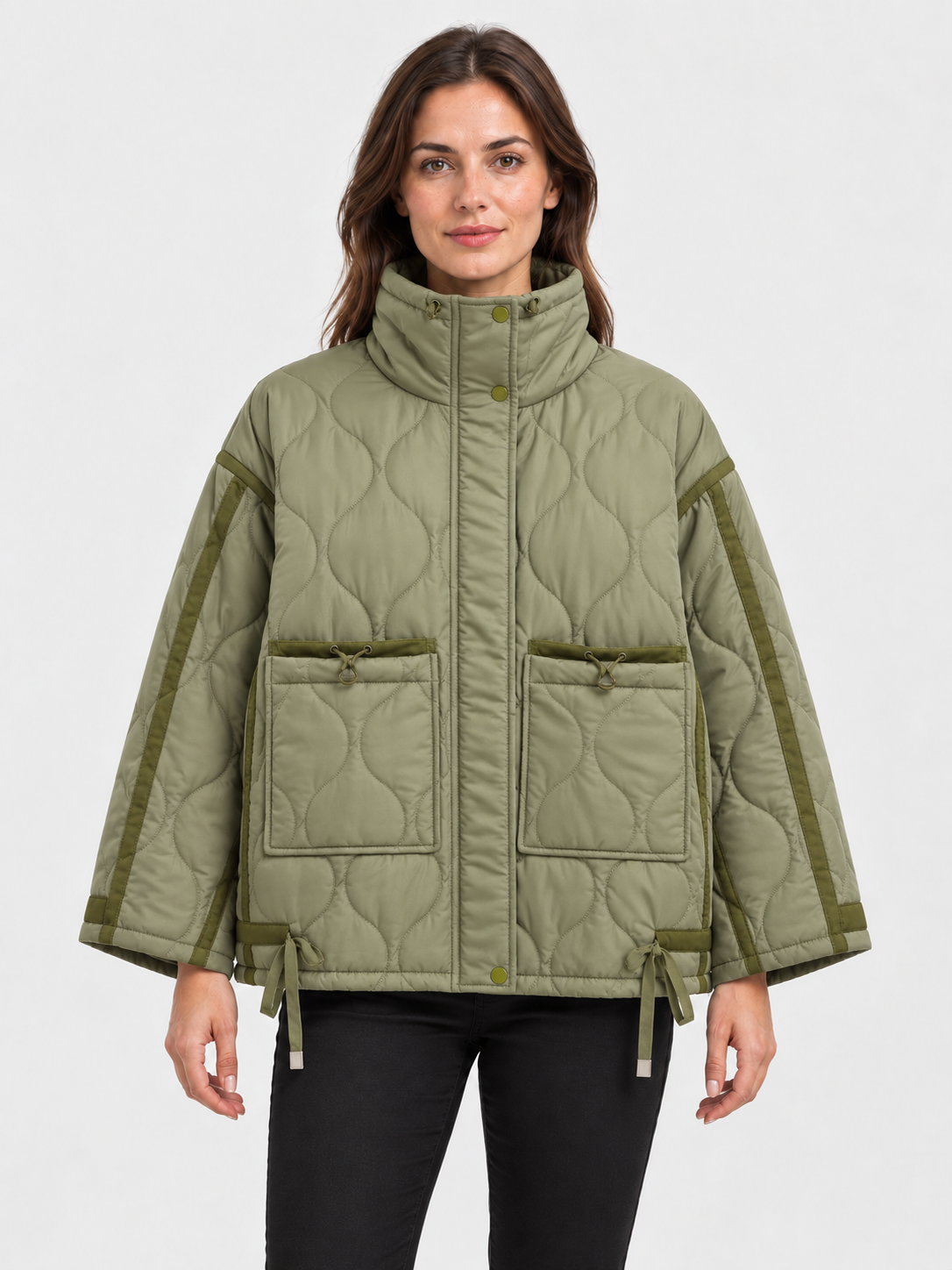 Women's High-Neck Quilted Padded Coat with Drawstring and Side Pockets