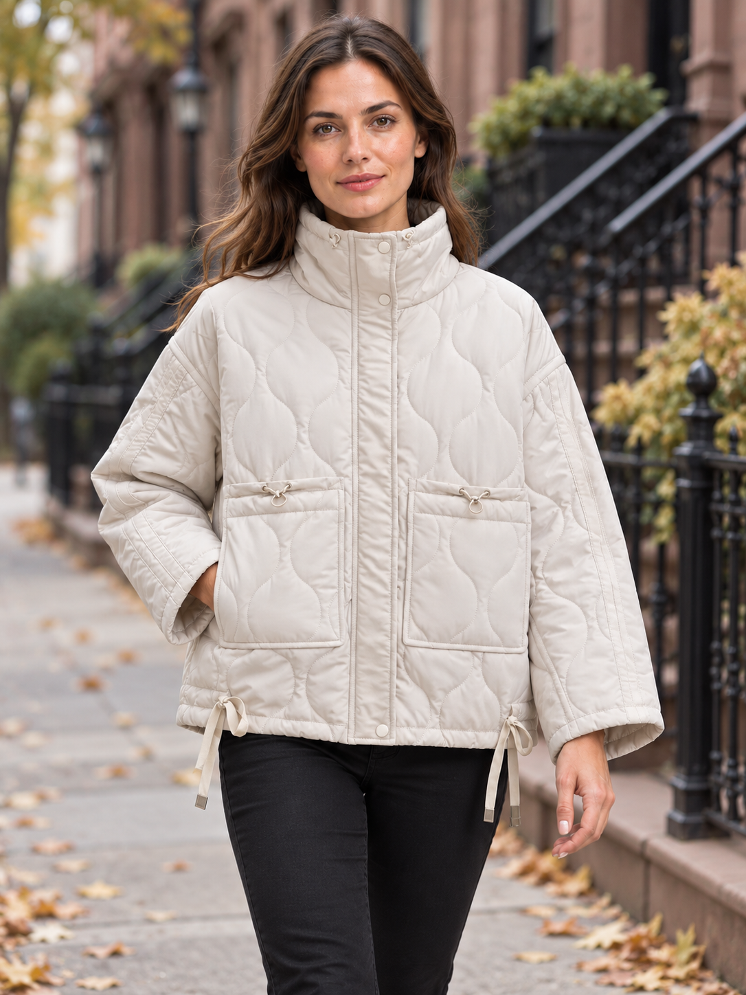 Women's High-Neck Quilted Padded Coat with Drawstring and Side Pockets