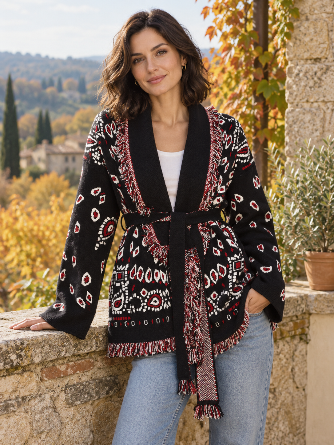 Women's Jacquard Tassel Patchwork V-Neck Cardigan