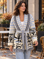 Women's Jacquard Tassel Patchwork V-Neck Cardigan