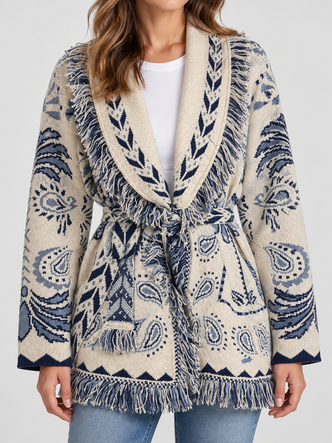 Women's Jacquard Tassel Patchwork V-Neck Cardigan