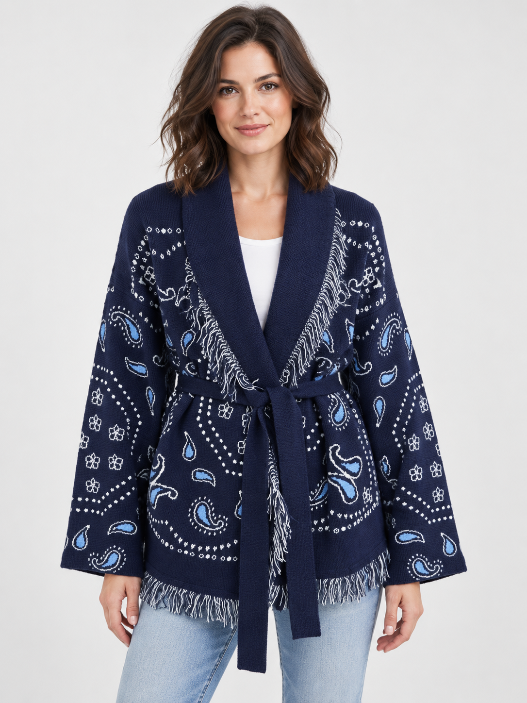 Women's Jacquard Tassel Patchwork V-Neck Cardigan
