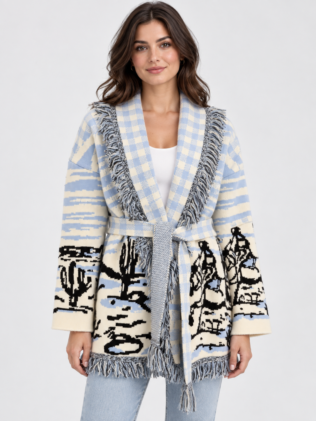 Women's Jacquard Tassel Patchwork V-Neck Cardigan