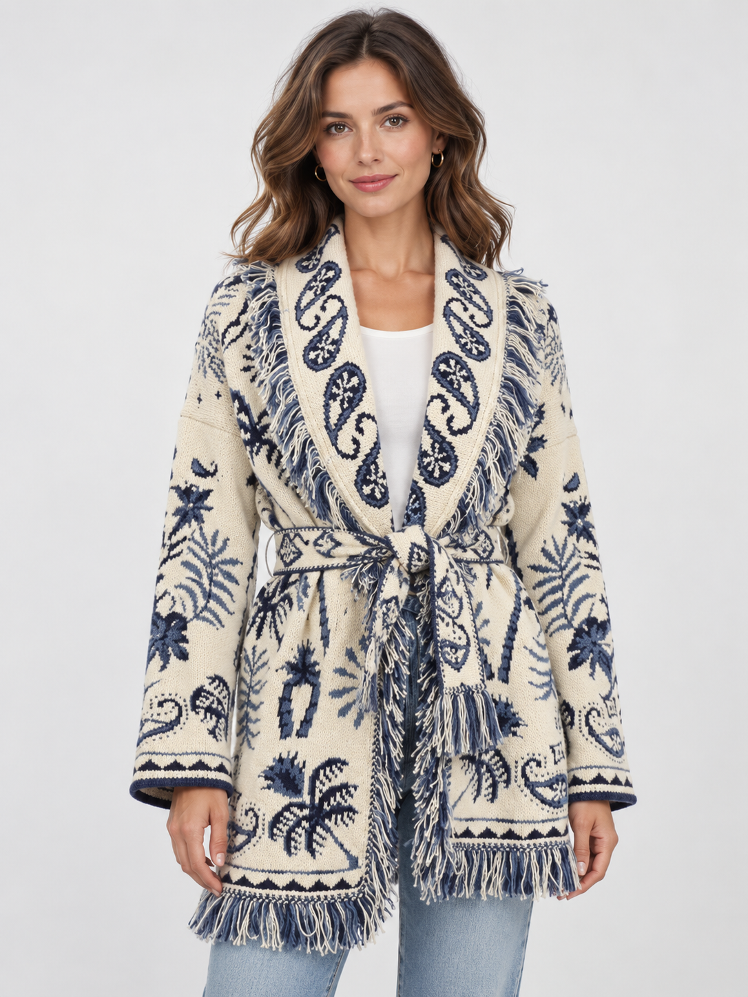 Women's Jacquard Tassel Patchwork V-Neck Cardigan