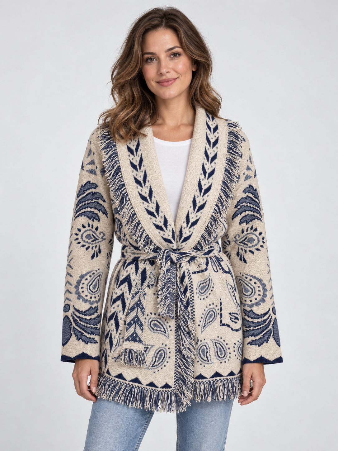 Women's Jacquard Tassel Patchwork V-Neck Cardigan
