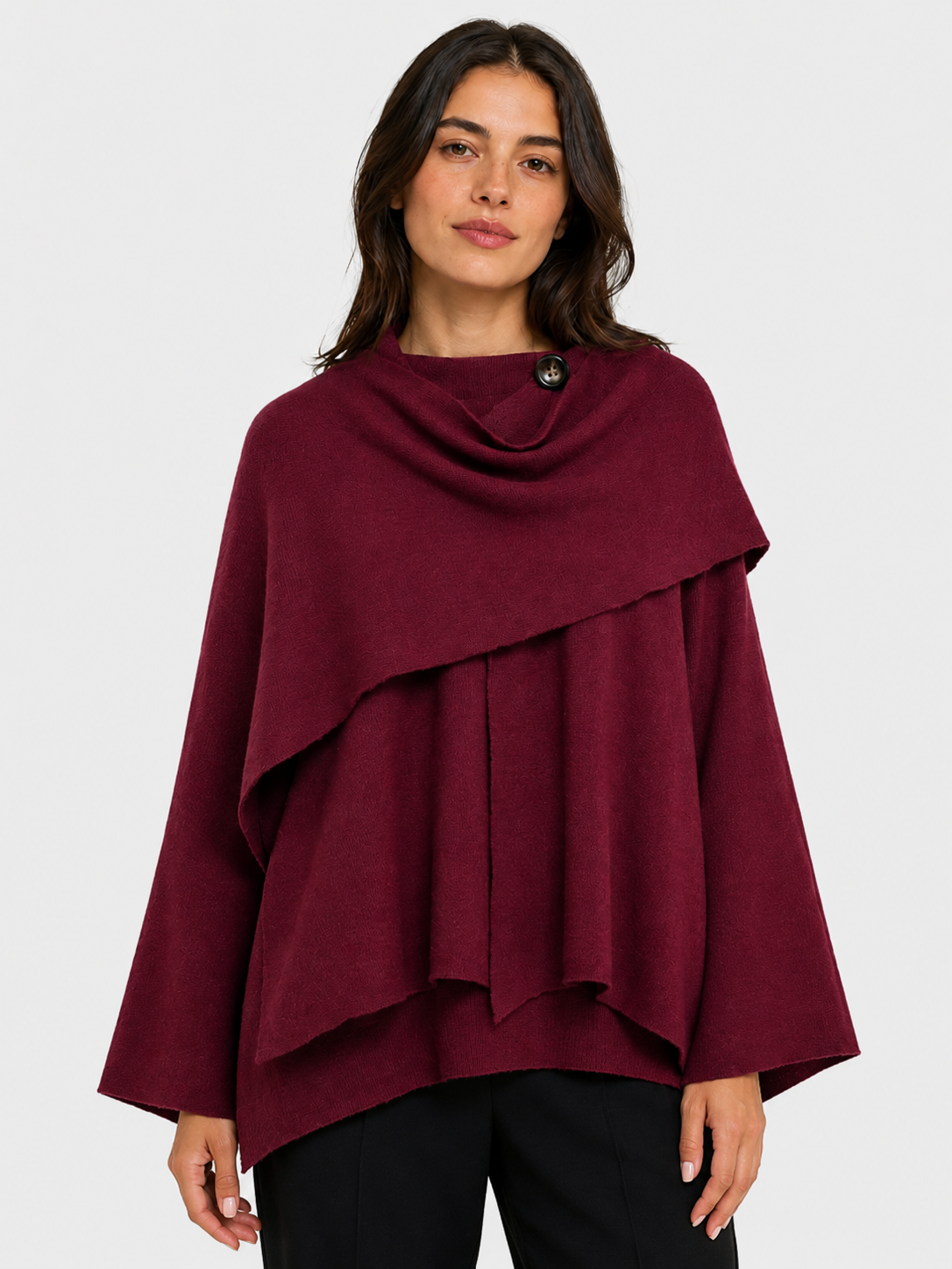 Women’s Knit Jacket with O-Neck and Cape-Style Overlay