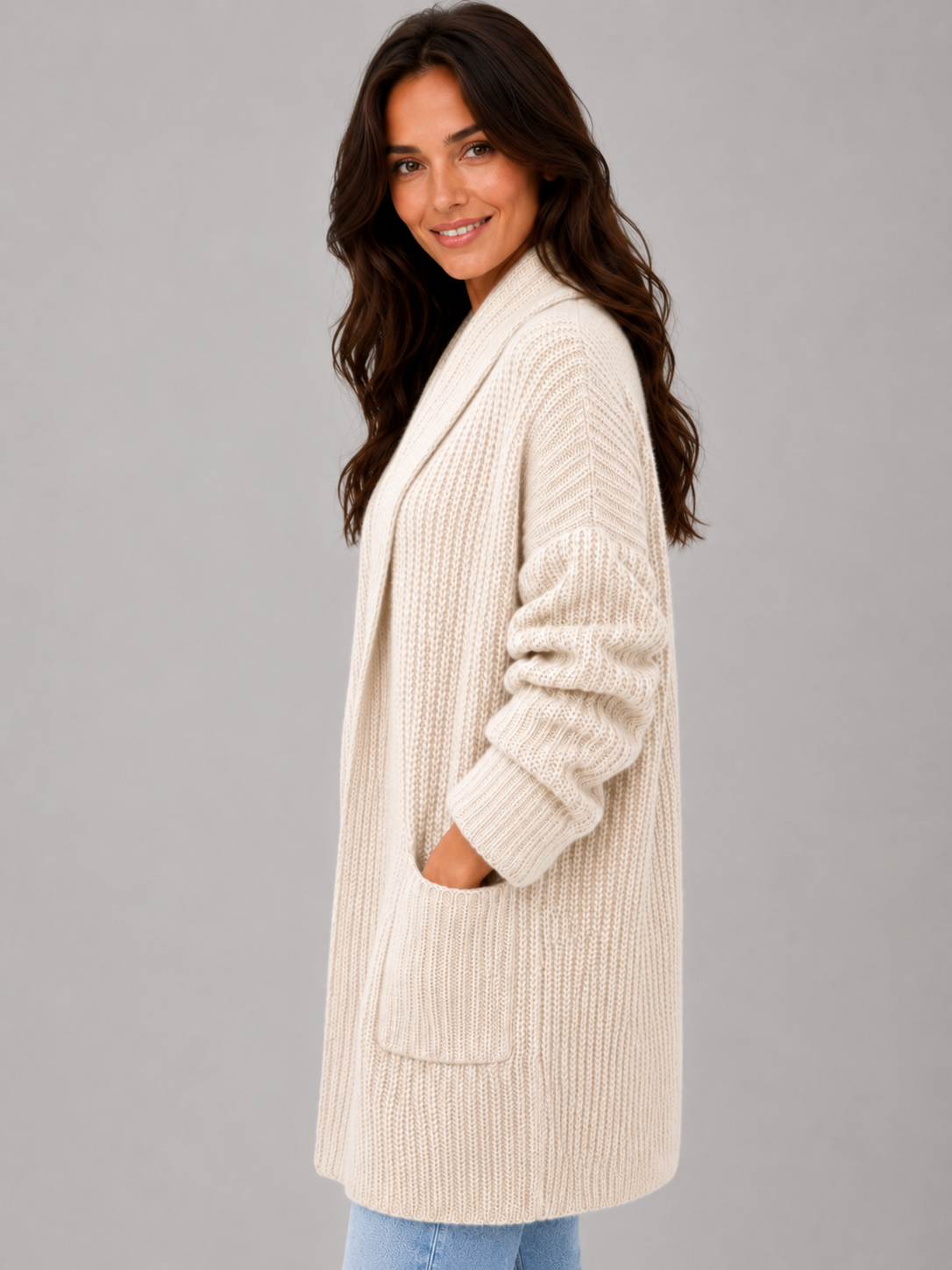 Women’s Longline Open Front Knit Cardigan with Patch Pockets