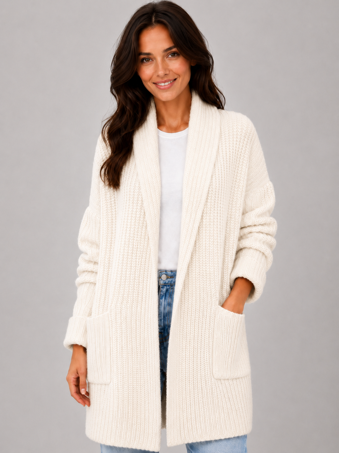 Women’s Longline Open Front Knit Cardigan with Patch Pockets