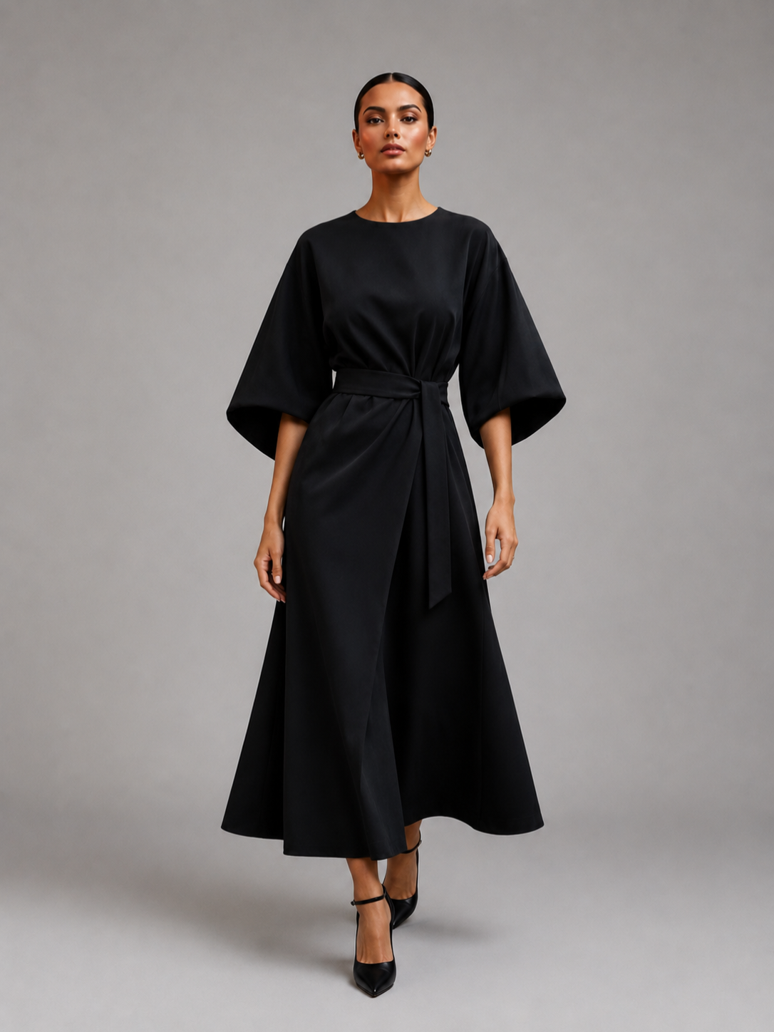 Women’s Midi Dress with Short Sleeves and Belt