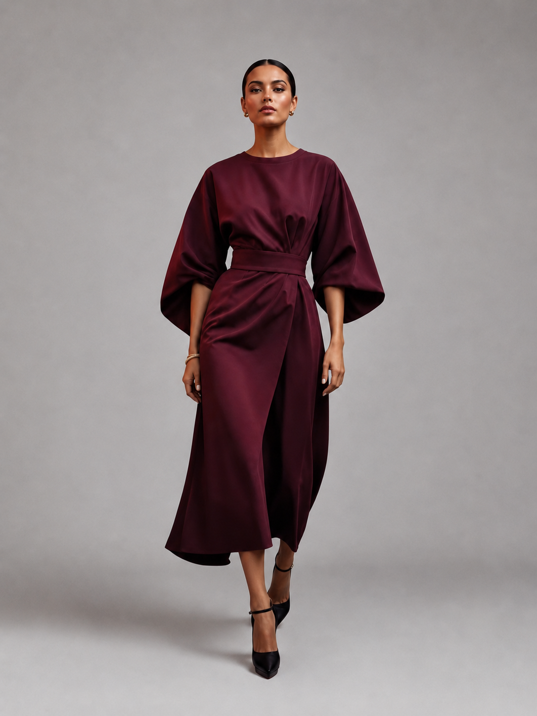 Women’s Midi Dress with Short Sleeves and Belt