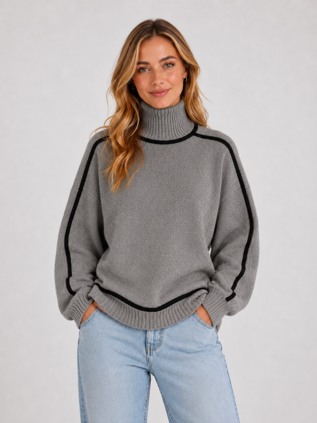 Women’s Oversized Roll Neck Knit Jumper with Contrast Trim