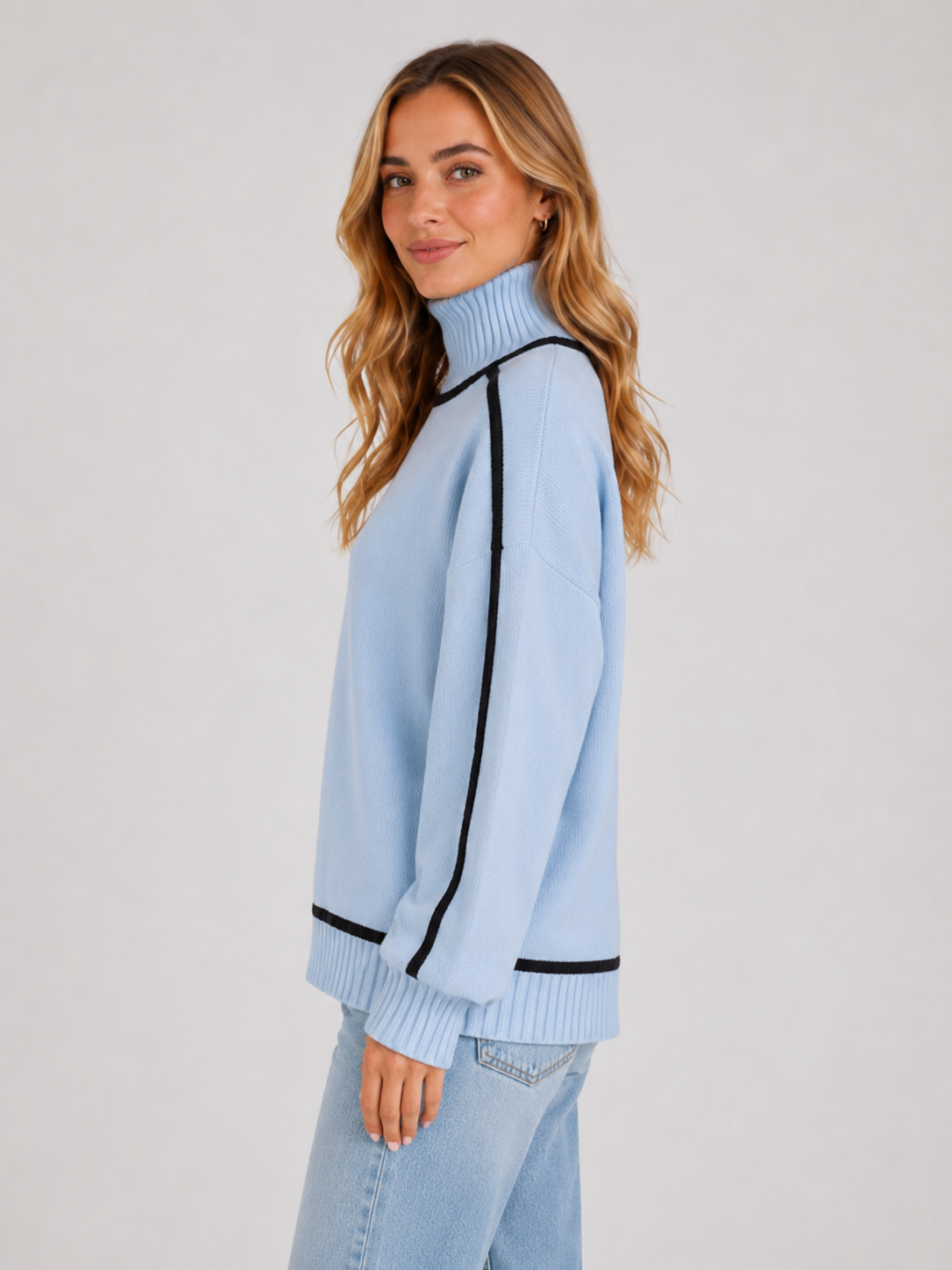 Women’s Oversized Roll Neck Knit Jumper with Contrast Trim
