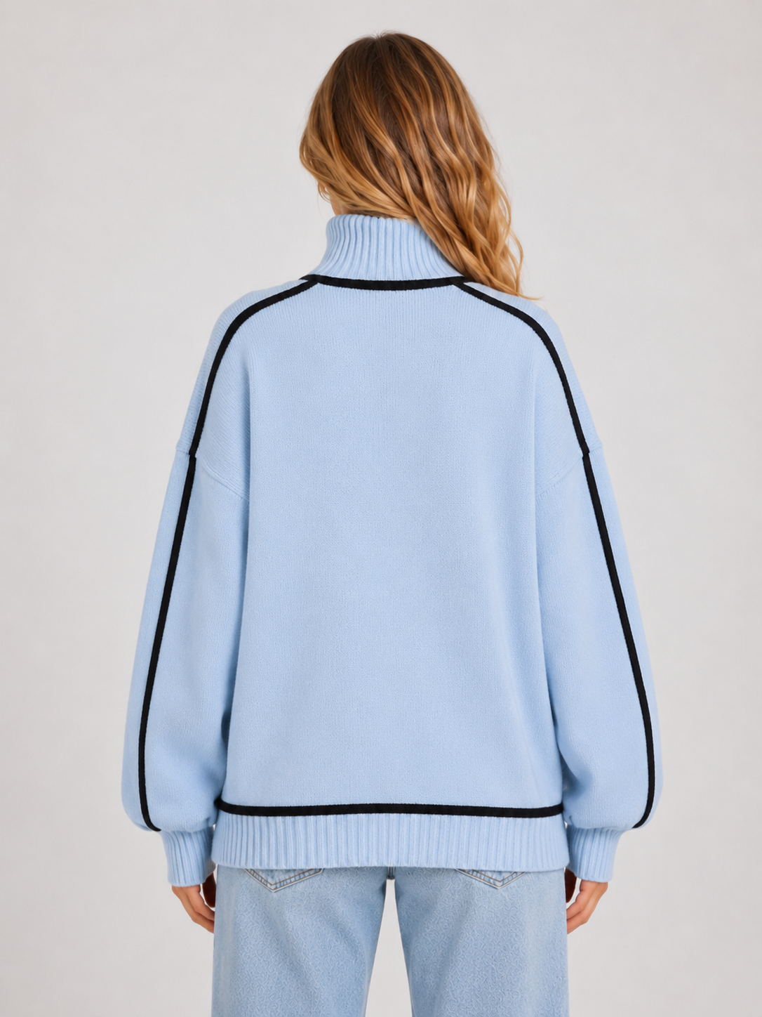 Women’s Oversized Roll Neck Knit Jumper with Contrast Trim