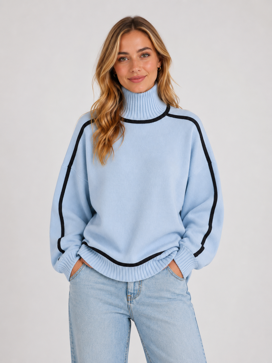 Women’s Oversized Roll Neck Knit Jumper with Contrast Trim