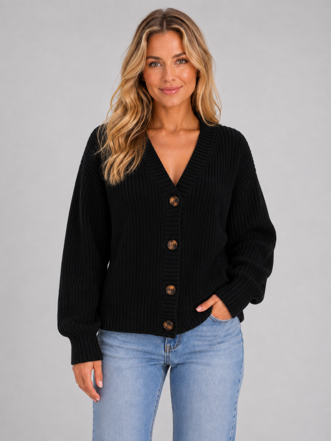 Women’s Ribbed Knit Cardigan with V-Neck and Button Front