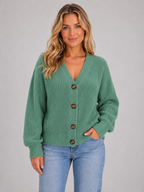 Women’s Ribbed Knit Cardigan with V-Neck and Button Front