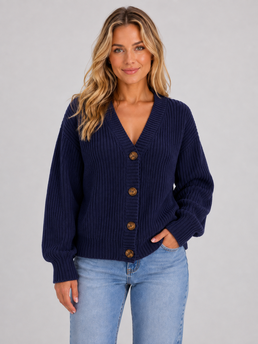 Women’s Ribbed Knit Cardigan with V-Neck and Button Front
