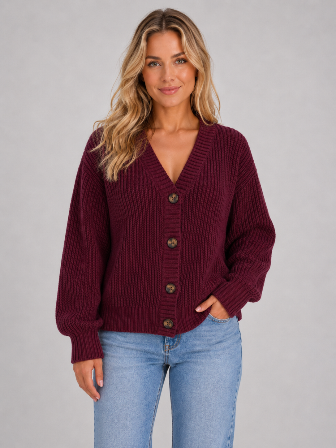 Women’s Ribbed Knit Cardigan with V-Neck and Button Front