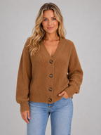 Women’s Ribbed Knit Cardigan with V-Neck and Button Front