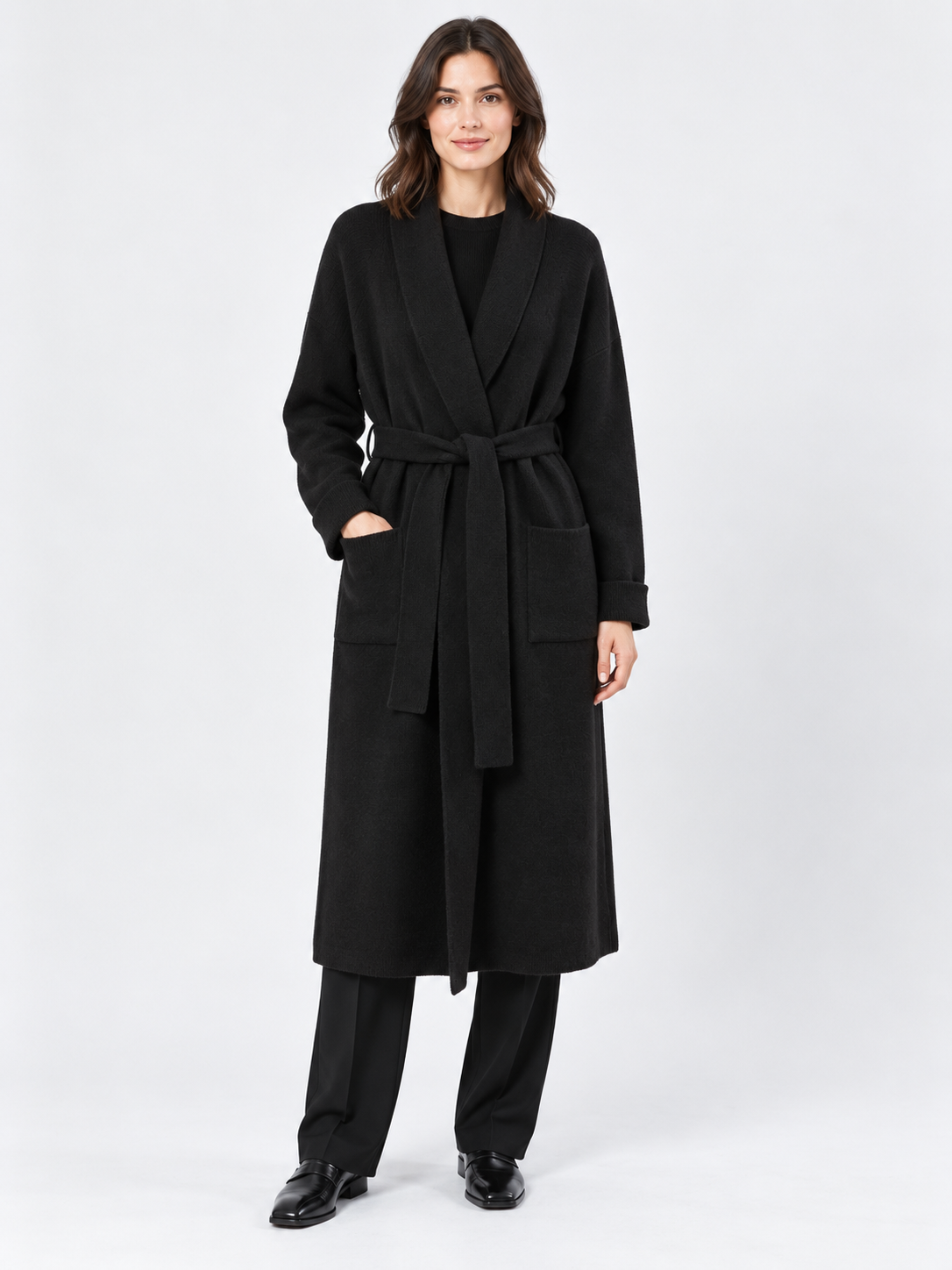 Women's Shawl-Collar Belted Long Wrap Cardigan