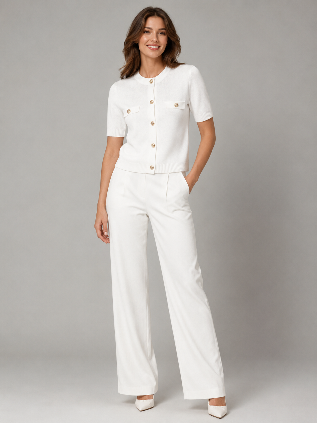 Women’s Short Sleeve Knit Cardigan with Round Neck