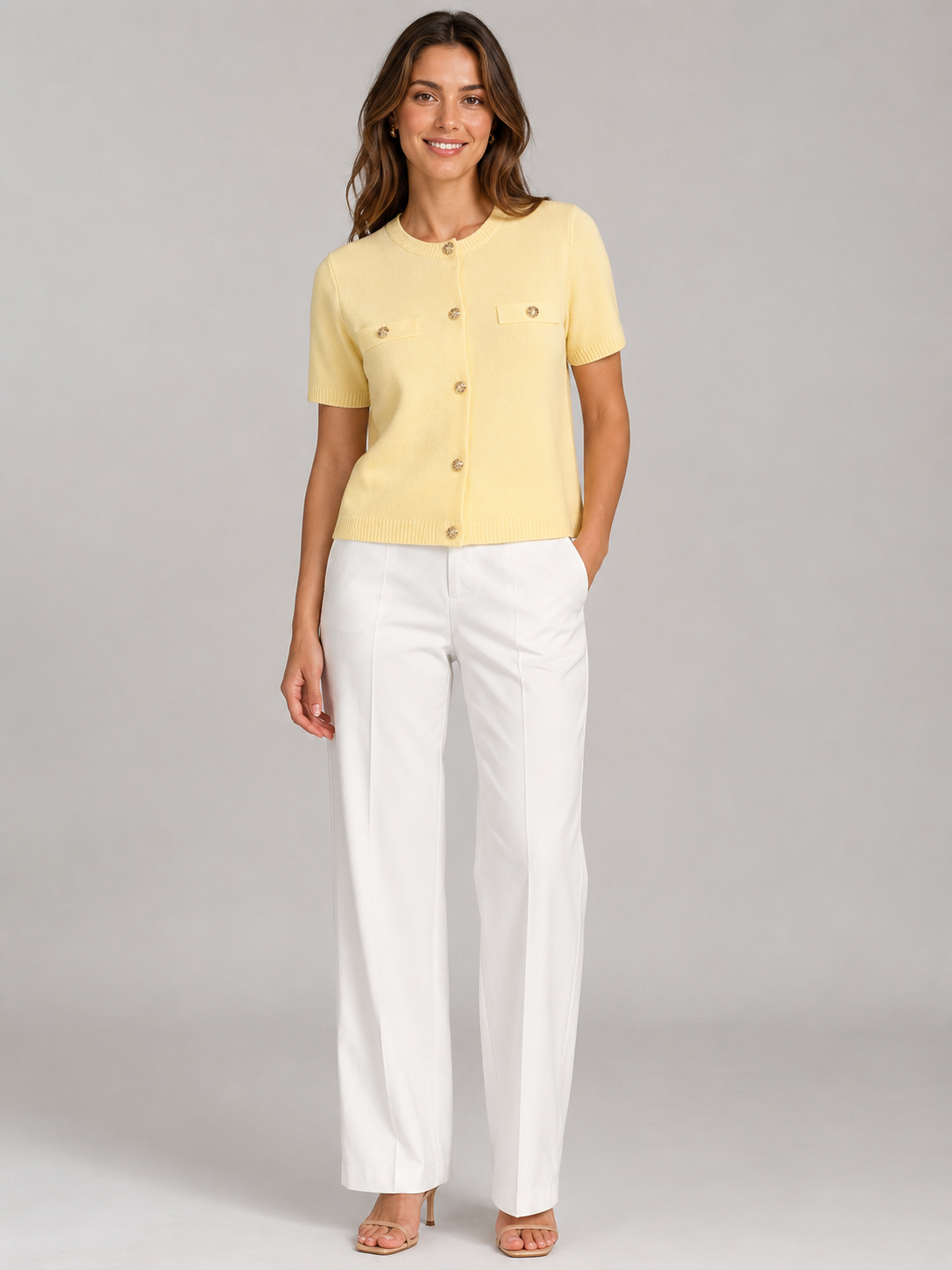Women’s Short Sleeve Knit Cardigan with Round Neck
